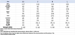 Detailed size chart for shirt dress with measurements in cm for sizes XS to L