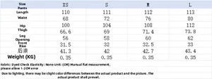 Detailed size chart for plaid trousers showing waist, hip, and length measurements in cm