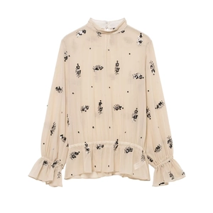 Women Elegant Floral Sequin Embroidery Blouse Semi-Transparent Long Sleeve Ruffle Stand Collar Smocked Waist Pullover Top