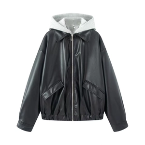 Veste de Mode Large en Similicuir pour Femmes Avec Capuche en Maille Grise Patchwork Casual Streetwear Fermeture Éclair Manteau d'Hiver