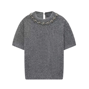 Elegant Women Grey Knit Top Round Neck Beaded Crystal Flower Short Sleeve Knitwear Pullover Sweater For Party Office
