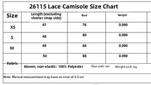 Size guide table for lace camisole top featuring detailed measurements and 100% polyester fabric