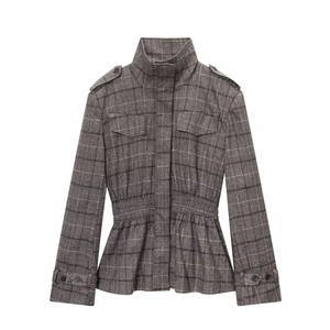 Women's grey plaid cropped jacket with stand collar and ruffled hem on white background