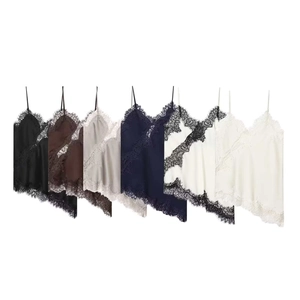 Lace trim V-neck satin camisoles for women in seven elegant colors and slim straps