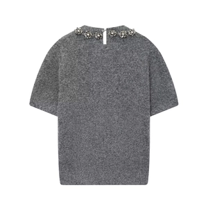Elegant grey short sleeve knit top with radiant rhinestone collar in high quality fabric