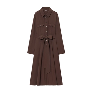 Women Elegant Long Sleeve Shirt Dress With Belt Single Breasted Lapel Solid Coffee Brown Midi A-Line Fashion Workwear Outfit
