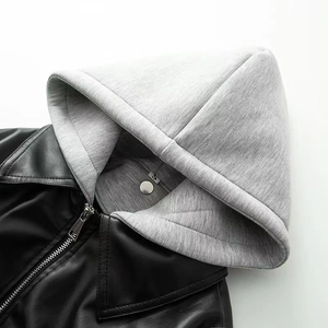 Veste d'hiver en similicuir pour femme avec capuche en maille grise et zip argenté