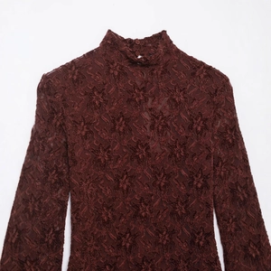 Elegant wine red lace midi dress with long sleeves and high neck floral pattern detail