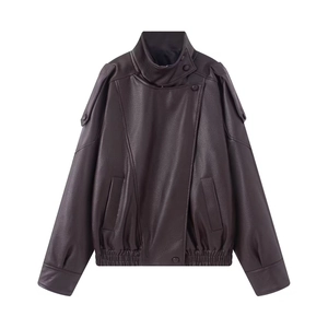 Detailed view of dark burgundy faux leather jacket featuring high stand collar and shoulder epaulets