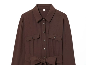 Detailed flat lay of dark brown button-down maxi dress with belt and front pockets