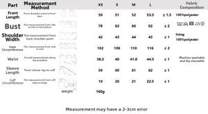 Detailed size chart for women fashion blouse showing measurements for XS to L in cm