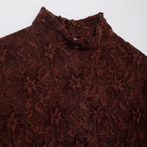 Fashionable dark red lace midi dress with a high collar and detailed floral crochet texture