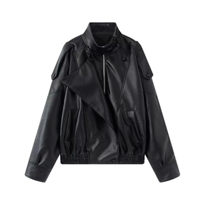 Women's vintage black faux leather motorcycle jacket with stand collar and asymmetric flap