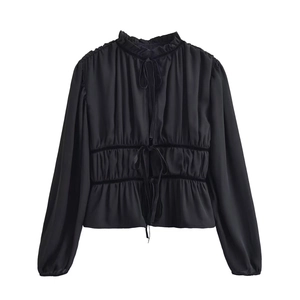 Vintage Women Black Ruffle Stand Collar Blouse Long Lantern Sleeve Bow Tie Smocked Waist Peplum Elegant Polyester Top