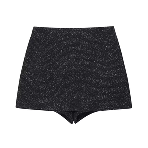 Elegant black tweed textured high-waisted skort for women with a minimalist tailored design