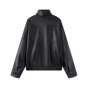Back view of black faux leather biker jacket with stand collar and minimalist stitching