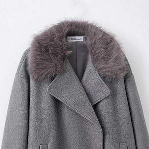 Elegant dark grey wool coat featuring a plush faux fur collar and classic notched lapels