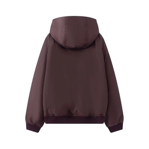 Detail view of the chocolate brown hooded jacket back with ribbed hem and cuffs