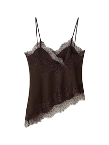 Detailed view of dark coffee lace camisole top with silk-like fabric and delicate trim