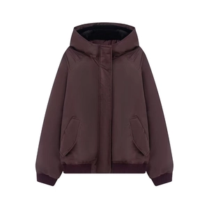 Women's burgundy hooded fleece jacket with windproof placket and ribbed cuffs