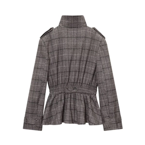 Back view of stylish grey plaid jacket with peplum hem and structured high collar