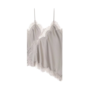 Elegant grey silk satin camisole top with delicate white eyelash lace and asymmetric hem