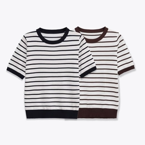 Women Casual Striped Knit Short Sleeve Top Round Neck Ribbed Trim Basic Soft Pullover Lightweight Knitted Tee