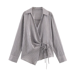 Women Casual Striped Wrap Shirt Side Tie Long Sleeve V Neck Asymmetrical Hem Polyester Blouse Elegant Office Lady Top