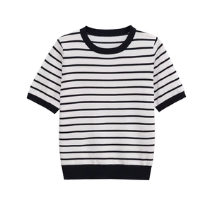 Classic black and white striped short sleeve knit top with crew neck in minimalist French style