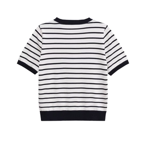Close-up of black and white striped knit top showing ribbed neckline and sleeve texture