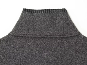 Detailaufnahme des dunkelgrauen Wolljacken-Stehkragens mit schwarzen Handnähten