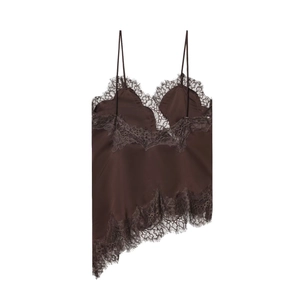 Detail of dark brown satin camisole featuring delicate eyelash lace and asymmetric hem