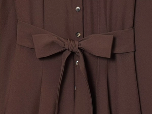 Detailed view of dark brown shirt dress waist with tied bow belt and amber buttons