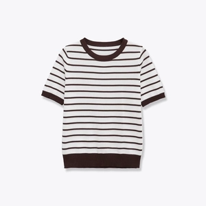 Short sleeve knitted top with white and brown stripes and ribbed trims on plain background