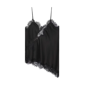 Elegant black satin camisole featuring delicate eyelash lace trim and asymmetric hem
