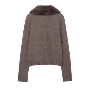 Women's autumn casual loose knit cardigan with warm faux fur collar in dark brown