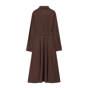 Deep brown long-sleeve shirt dress with collar and belt, rear view on white background