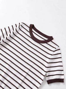 Detail of round neckline and striped knit texture on a brown and white striped top