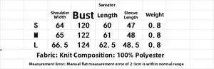 Size chart for knit cardigan featuring measurements for S, M, L in 100% polyester fabric