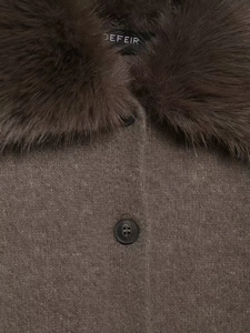 Detailed close-up of brown knit cardigan with plush faux fur collar and single button