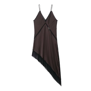 Women Sexy Satin V Neck Slip Nightdress Lace Patchwork Backless Asymmetrical Hem Nightgown Sleeveless Sleepwear Coffee Long Dress