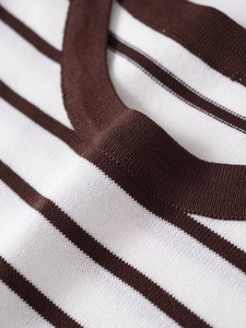 Detailed close-up of brown and white striped knit top showing ribbed neckline texture