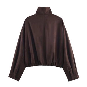 Women's brown faux suede cropped jacket with high collar and elastic hem detail