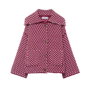 Women's burgundy knit cardigan with contrast collar and wood buttons in a loose fit