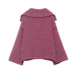 Rear view of knit cardigan with burgundy jacquard check pattern and wide collar