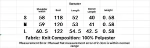 Size chart table for hollow out knit cardigan with bust and length measurements