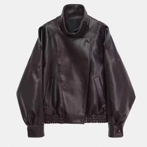 Vintage dark brown faux leather motorcycle jacket with puff sleeves and stand collar