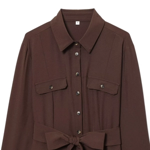 Elegant dark brown long sleeve shirt dress with button-up front and matching waist belt