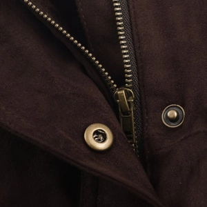 Brown suede jacket featuring vintage metallic zippers and bronze snap button details