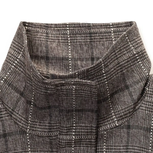 Classic plaid tweed jacket with high stand collar featuring dark grey checkered pattern